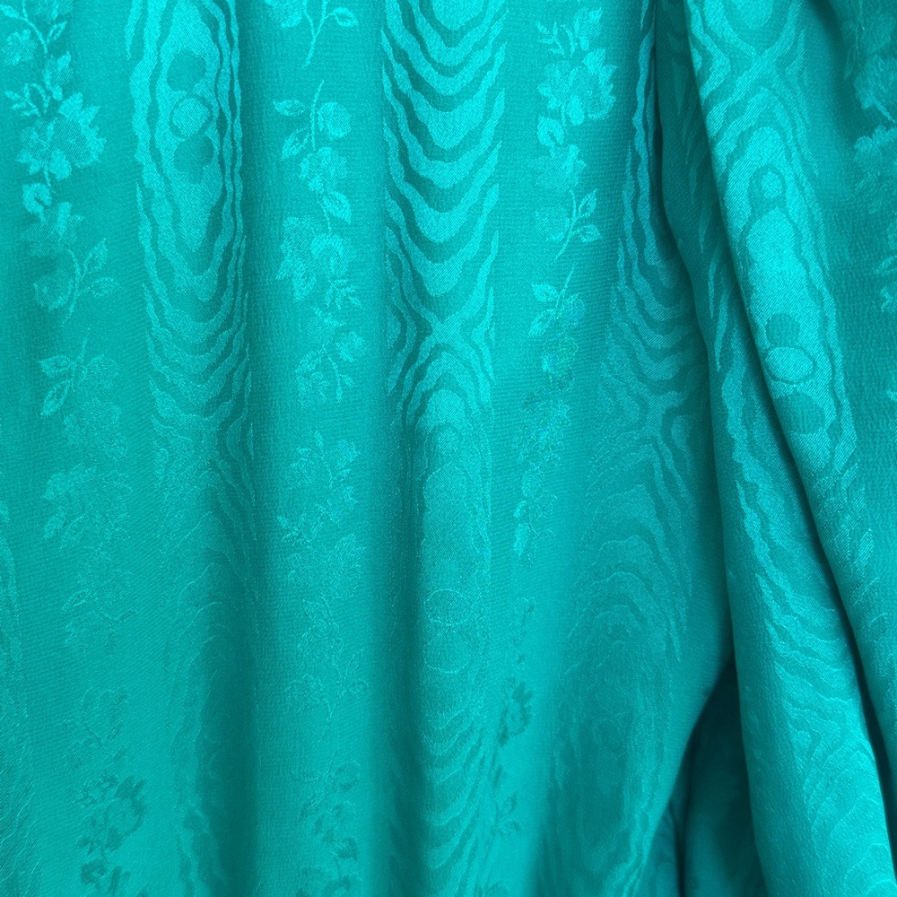 Vintage USA Garment Union Tag Pure Silk Teal Puff Sleeve Pleat Midi Dress Floral - Picture 8 of 13